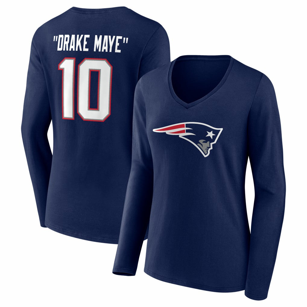 Drake Maye New England Patriots Women's Nickname V-Neck Long Sleeve T-Shirt Navy - NFL
