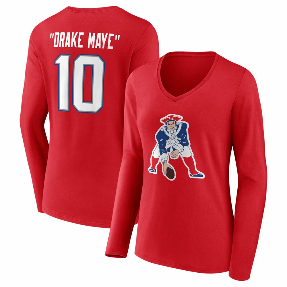 Drake Maye New England Patriots Women's Nickname V-Neck Long Sleeve T-Shirt Red - NFL