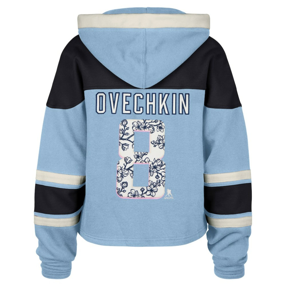 Alexander Ovechkin Washington Capitals '47 Women's Cherry Blossom Superior Lacer Cropped Pullover Hoodie Light Blue