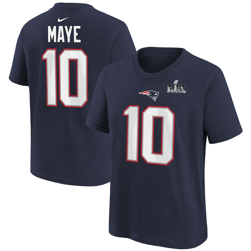 Drake Maye New England Patriots Youth Super Bowl LX Patch Name & Number T-Shirt Navy - Nike