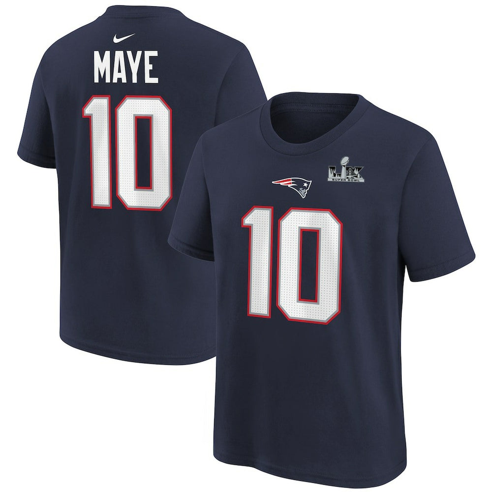 Drake Maye New England Patriots Youth Super Bowl LX Patch Name & Number T-Shirt Navy - Nike