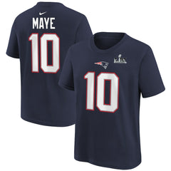 Drake Maye New England Patriots Youth Super Bowl LX Patch Name & Number T-Shirt Navy - Nike