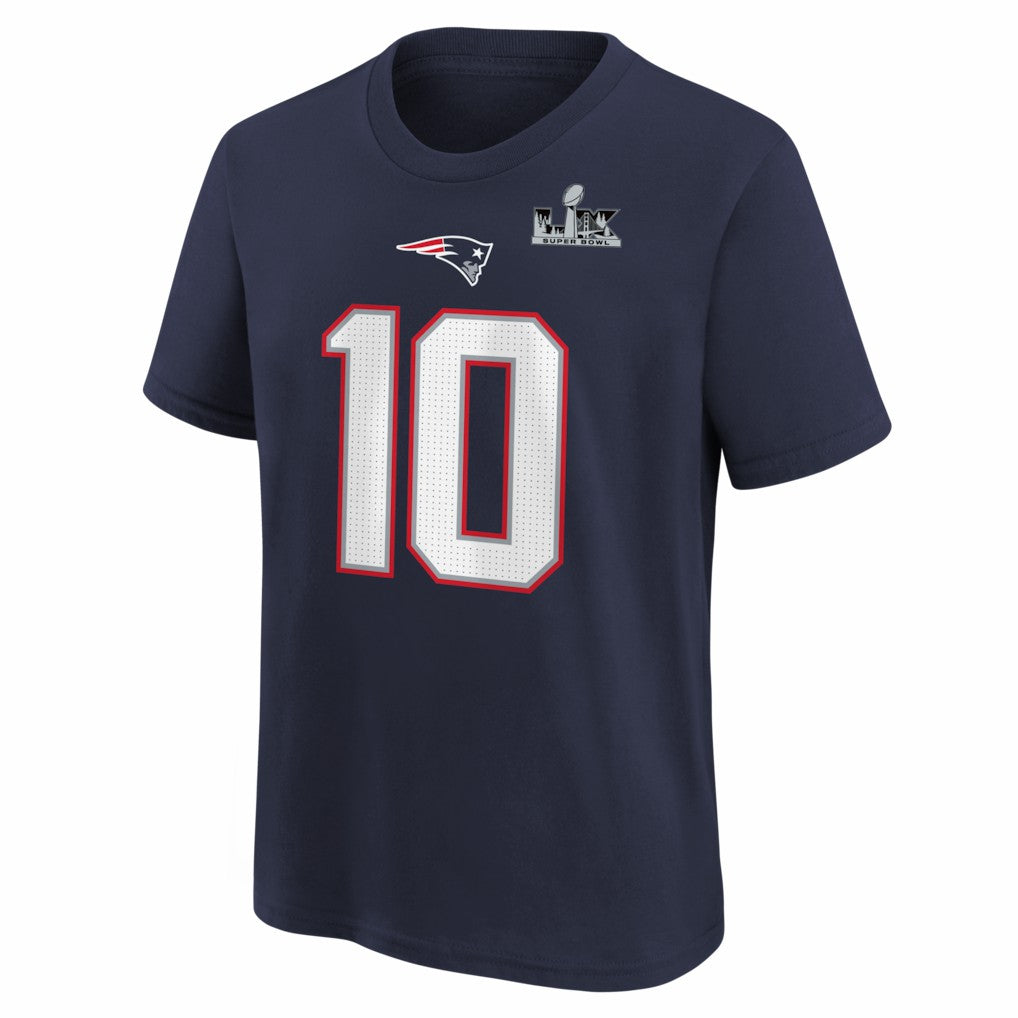 Drake Maye New England Patriots Youth Super Bowl LX Patch Name & Number T-Shirt Navy - Nike