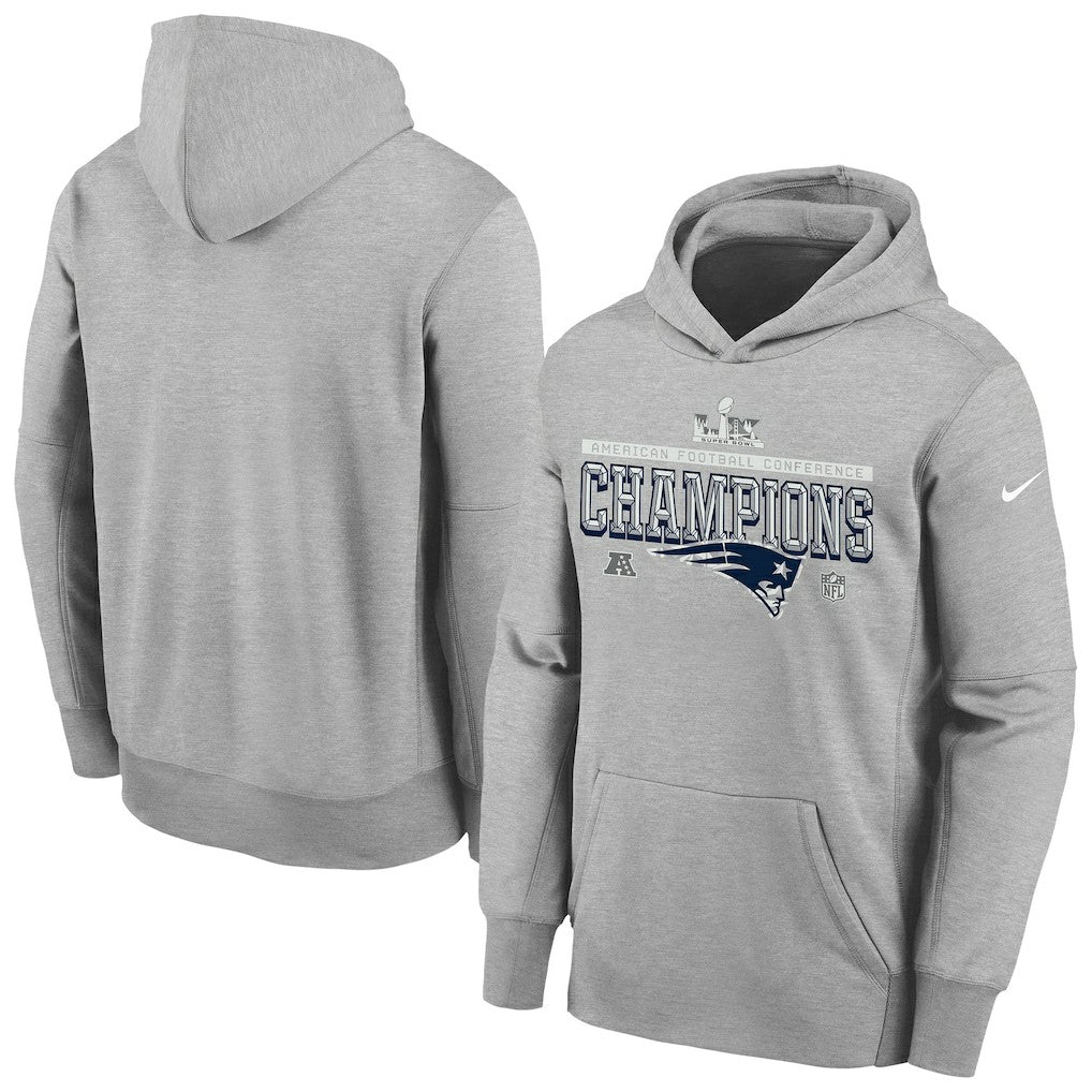 New England Patriots Youth 2025 AFC Champions Locker Room Trophy Collection Authentic Hoodie Gray - Nike