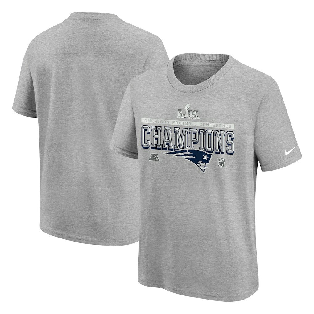 New England Patriots Youth 2025 AFC Champions Locker Room Trophy Collection Authentic T-Shirt Gray - Nike