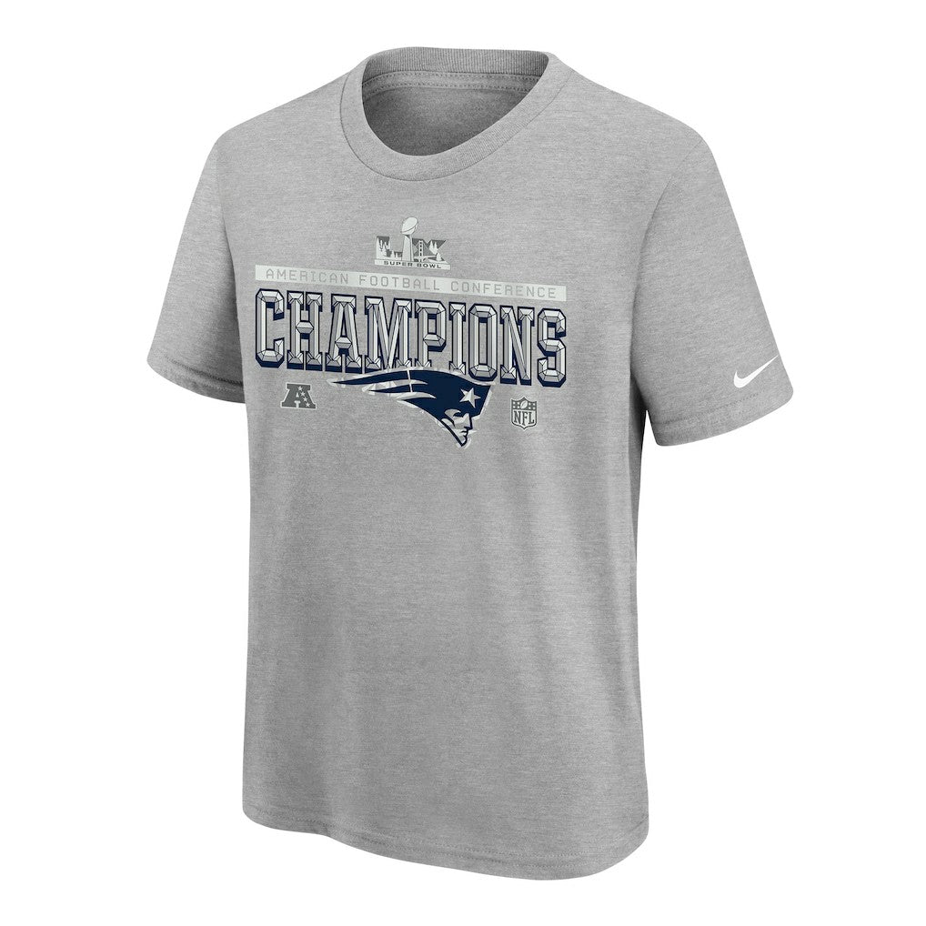 New England Patriots Youth 2025 AFC Champions Locker Room Trophy Collection Authentic T-Shirt Gray - Nike