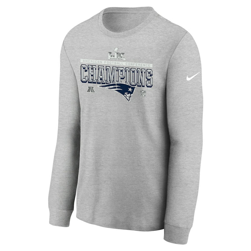 New England Patriots Youth 2025 AFC Champions Locker Room Trophy Collection Long Sleeve T-Shirt Gray - Nike