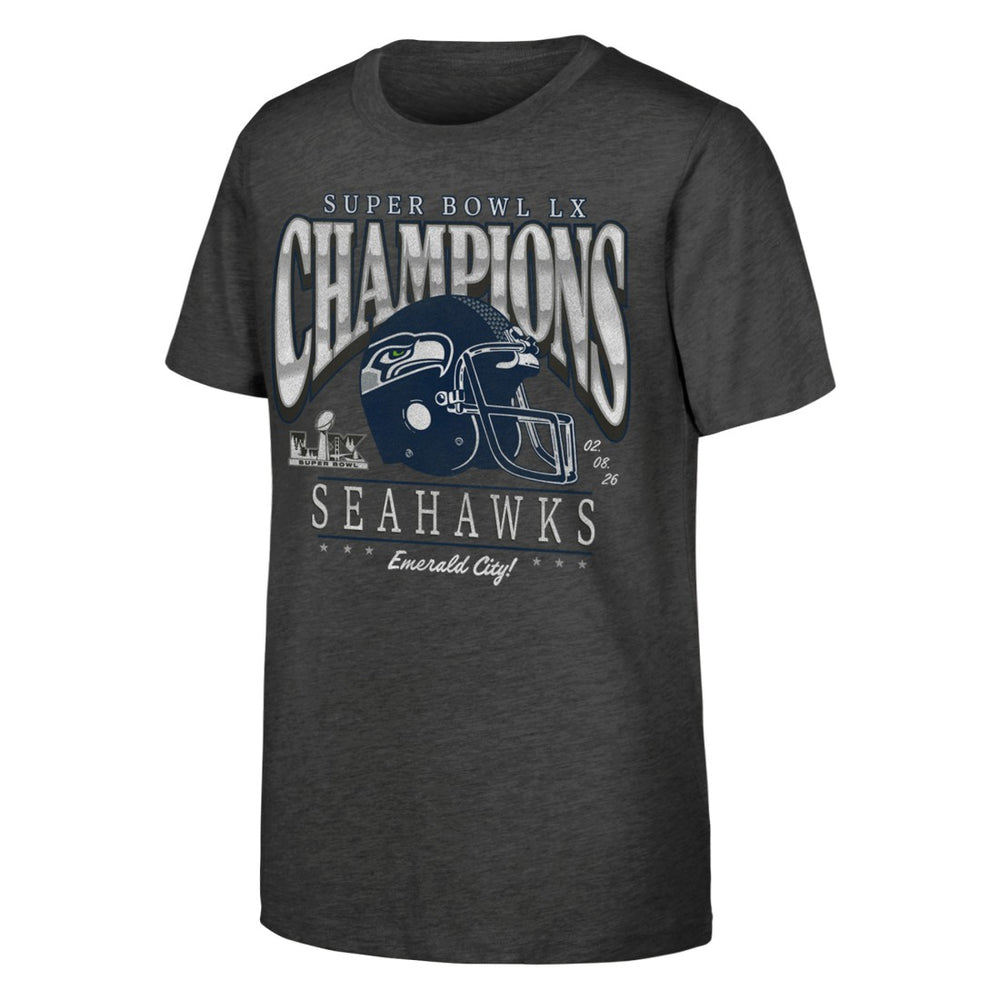 Seattle Seahawks Youth Super Bowl LX Champions Prestigious Run Helmet T-Shirt Charcoal - Fanatics