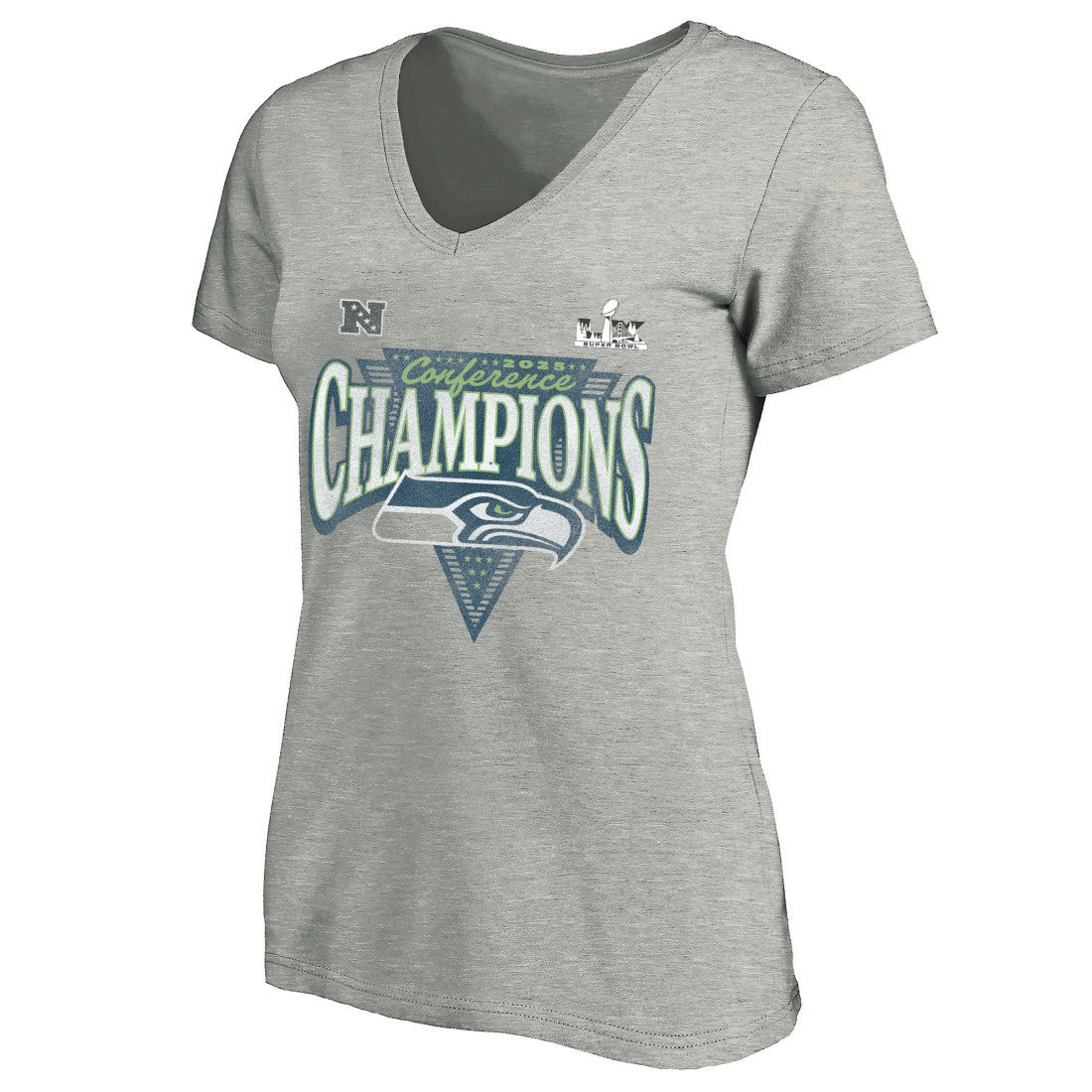 Seattle Seahawks Women's 2025 NFC Champions Plus Size Hail Mary Tri-Blend V-Neck T-Shirt Heather Gray - Fanatics