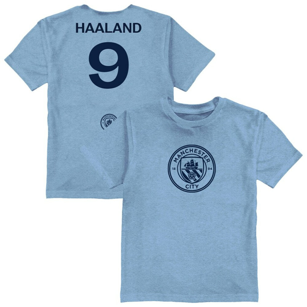 Erling Haaland Manchester City Vive La Fete Youth Player Name & Number Color Badge T-Shirts - Light Blue