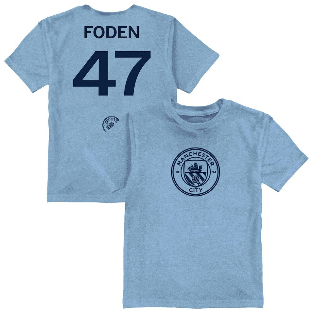 Phil Foden Manchester City Vive La Fete Youth Player Name & Number Color Badge T-Shirts - Light Blue