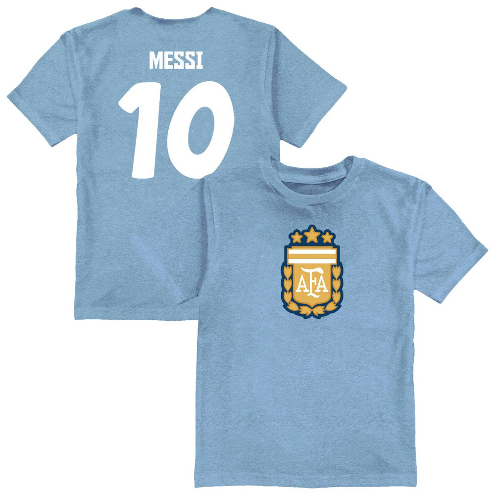Lionel Messi Argentina National Team Vive La Fete Youth Player Name & Number Color Badge T-Shirts - Light Blue