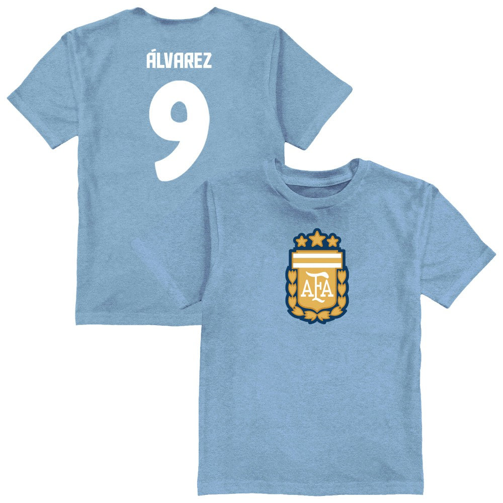 Julián Álvarez Argentina National Team Vive La Fete Youth Player Name & Number Color Badge T-Shirts - Light Blue