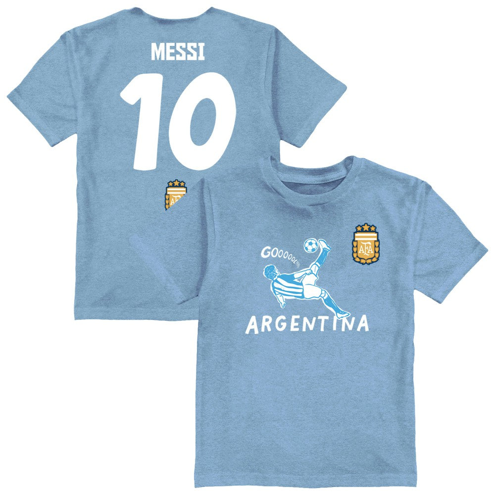 Lionel Messi Argentina National Team Vive La Fete Youth Player Name & Number Chilena Style T-Shirts - Light Blue