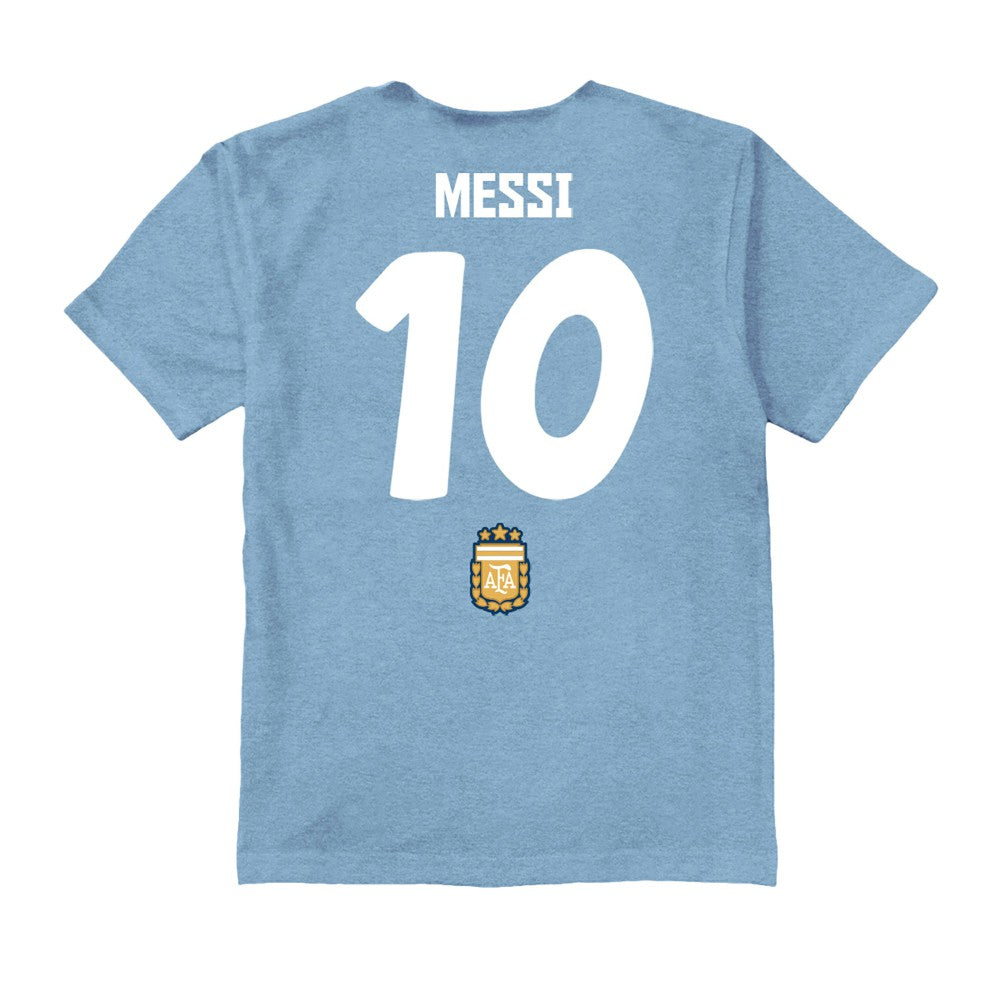 Lionel Messi Argentina National Team Vive La Fete Youth Player Name & Number Chilena Style T-Shirts - Light Blue