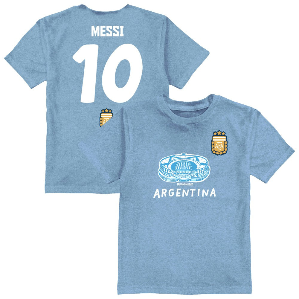 Lionel Messi Argentina National Team Vive La Fete Youth Player Name & Number Stadium Style T-Shirts - Light Blue