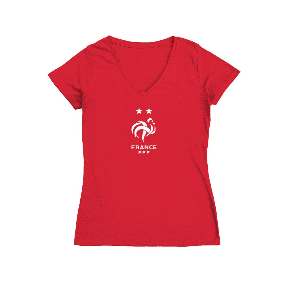 France National Team Vive La Fete Women's Color Badge V-Neck Fitted T-Shirts - Red