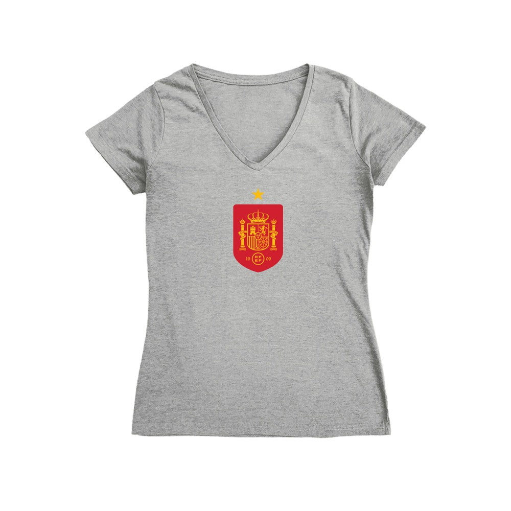 Spain National Team Vive La Fete Women's Color Badge V-Neck Fitted T-Shirts - Gray