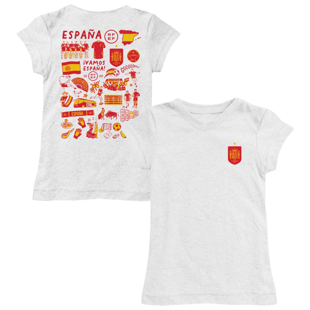 Spain National Team Vive La Fete Girls Youth Impressions Artwork Fitted T-Shirts - White