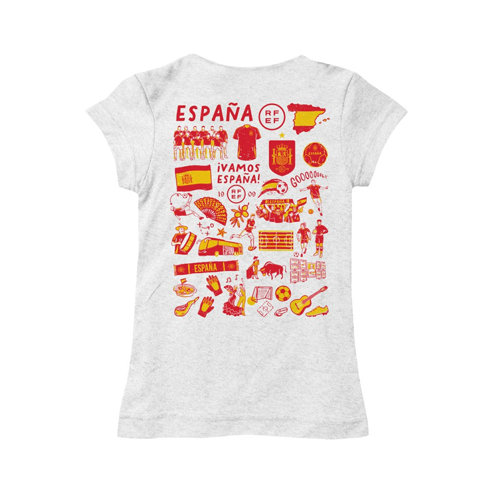 Spain National Team Vive La Fete Girls Youth Impressions Artwork Fitted T-Shirts - White