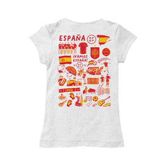 Spain National Team Vive La Fete Girls Youth Impressions Artwork Fitted T-Shirts - White