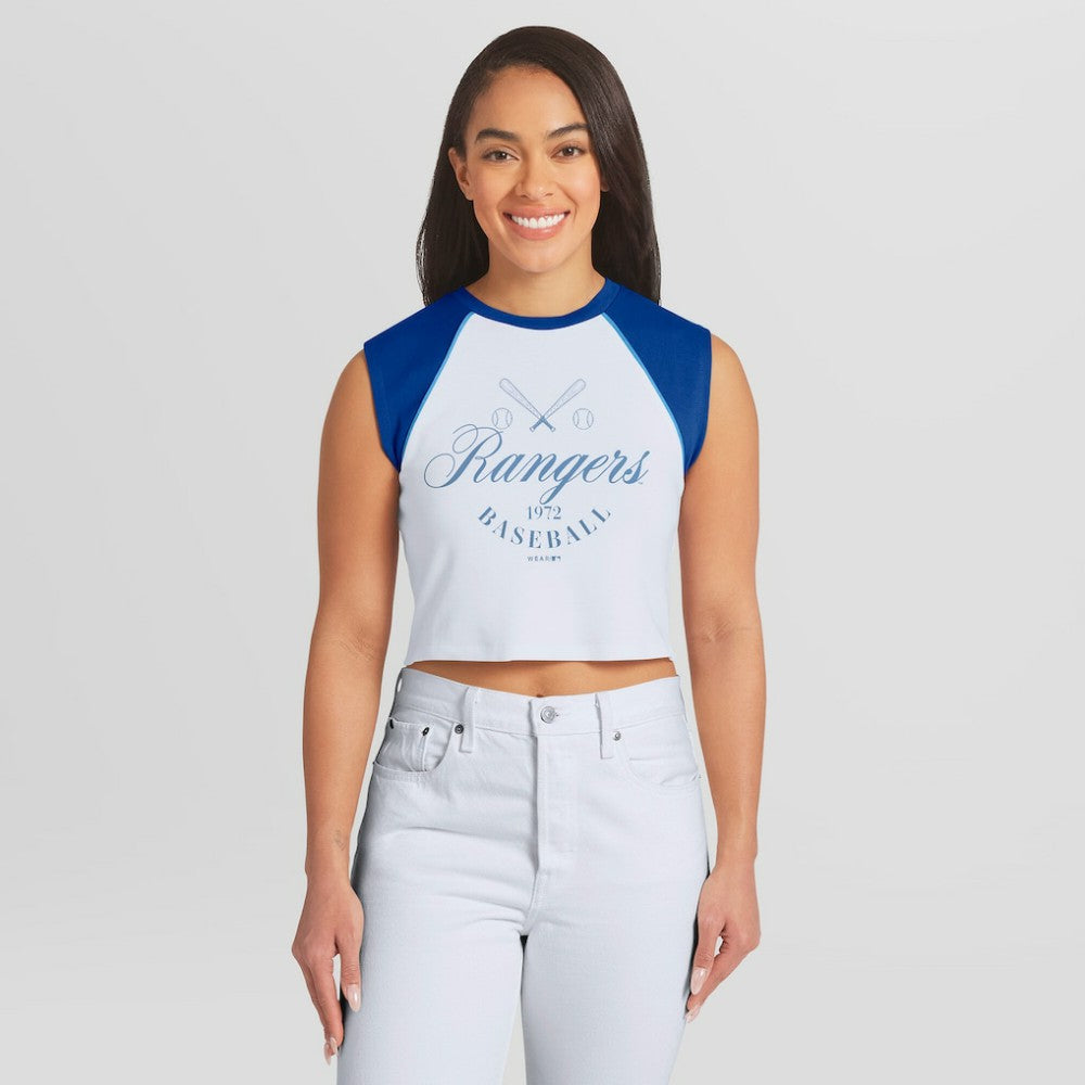 Texas Rangers WEAR by Erin Andrews Women's Cooperstown Cropped Raglan Tank Top On Sale