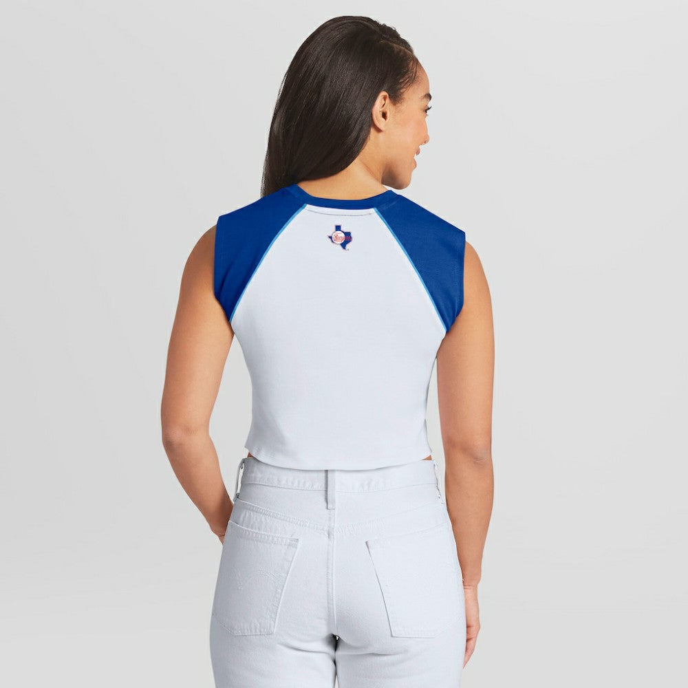 Texas Rangers WEAR by Erin Andrews Women's Cooperstown Cropped Raglan Tank Top On Sale