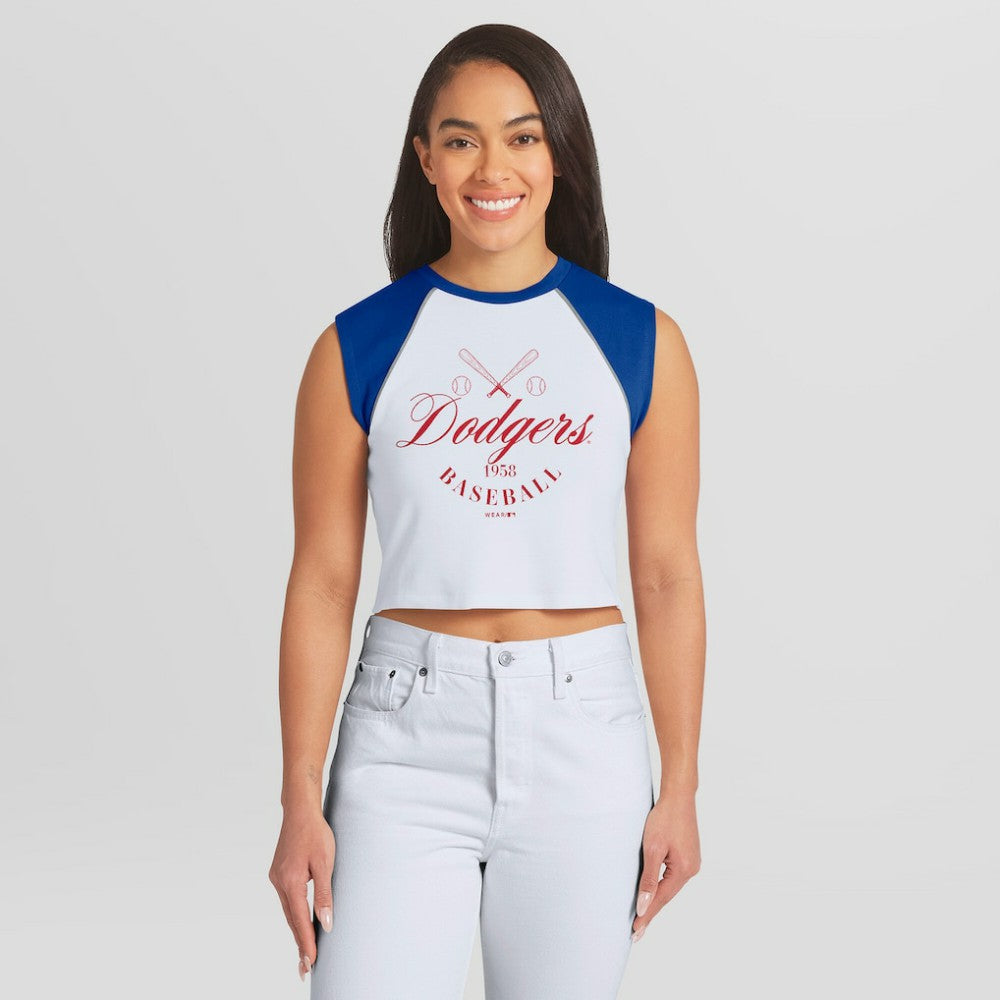Los Angeles Dodgers WEAR by Erin Andrews Women's Cooperstown Cropped Raglan Tank Top Near Me
