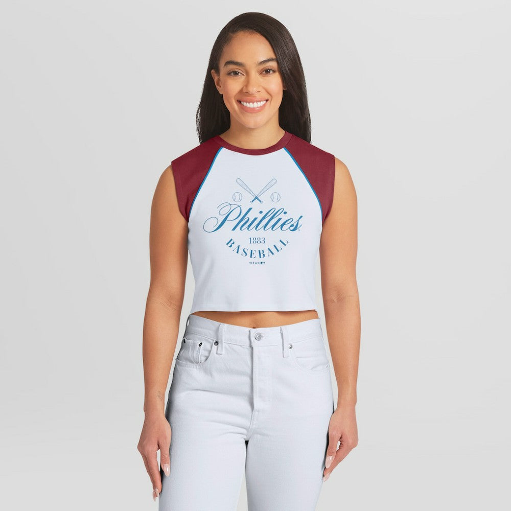Philadelphia Phillies WEAR by Erin Andrews Women's Cooperstown Cropped Raglan Tank Top discount