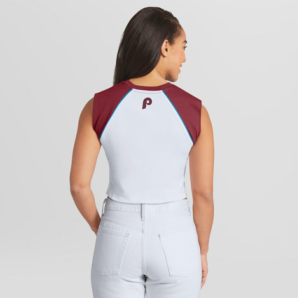 Philadelphia Phillies WEAR by Erin Andrews Women's Cooperstown Cropped Raglan Tank Top discount