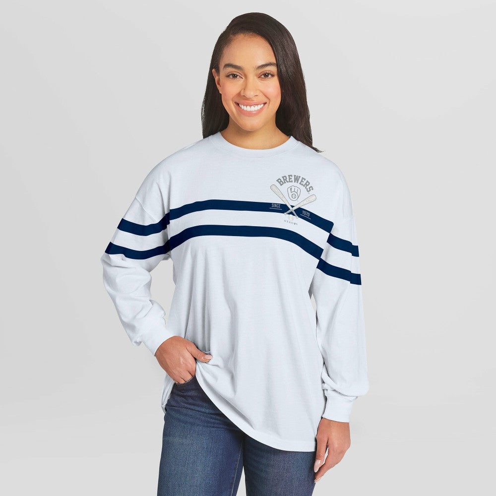 Milwaukee Brewers WEAR by Erin Andrews Women's Oversized Long Sleeve Striped T-Shirt Sale