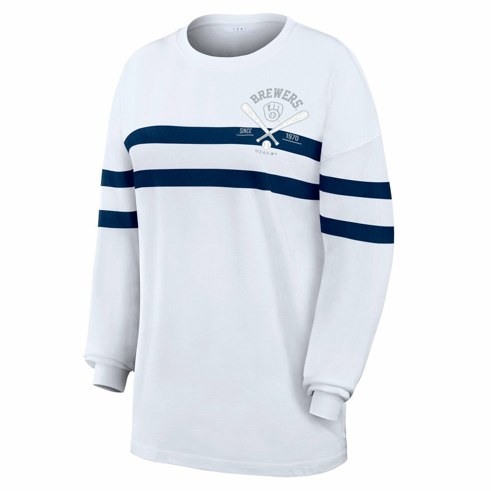 Milwaukee Brewers WEAR by Erin Andrews Women's Oversized Long Sleeve Striped T-Shirt Sale