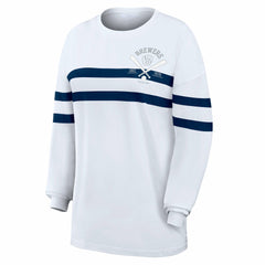 Milwaukee Brewers WEAR by Erin Andrews Women's Oversized Long Sleeve Striped T-Shirt Sale
