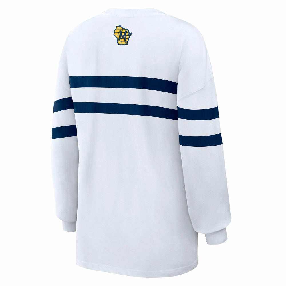 Milwaukee Brewers WEAR by Erin Andrews Women's Oversized Long Sleeve Striped T-Shirt Sale