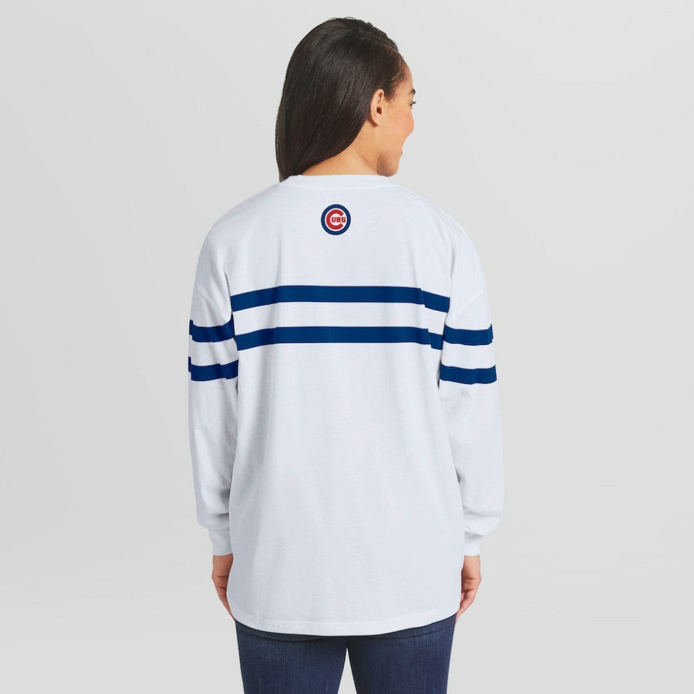 Chicago Cubs WEAR by Erin Andrews Women's Oversized Long Sleeve Striped T-Shirt Lifestyle