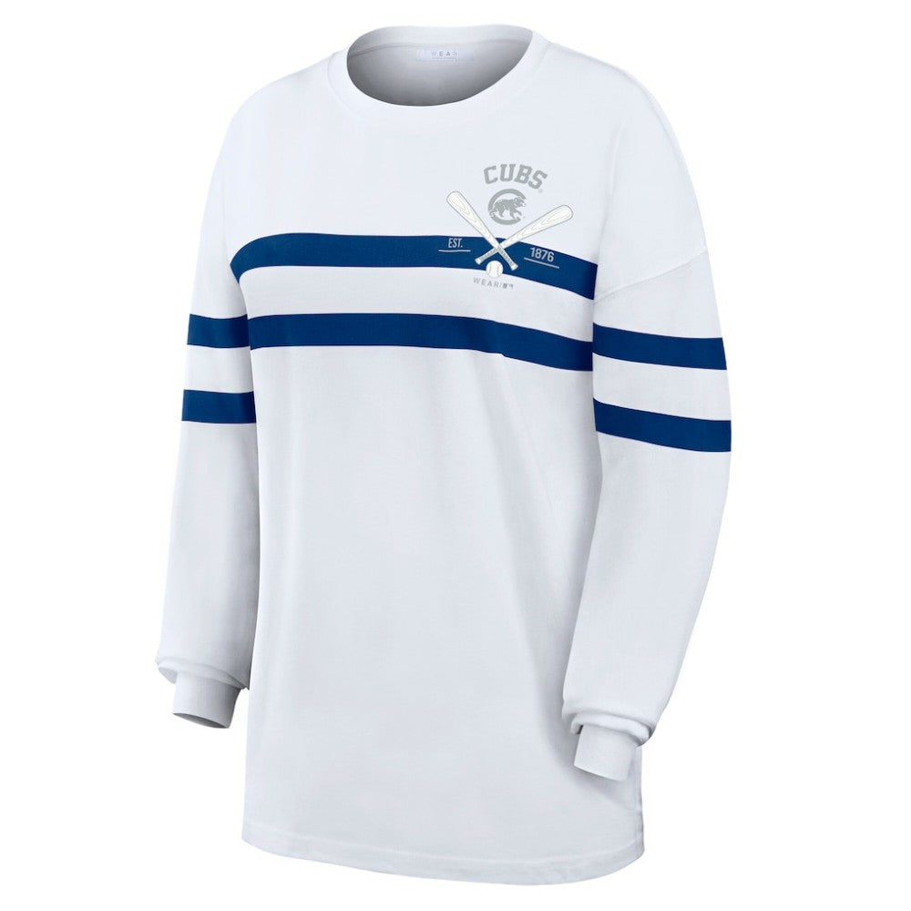 Chicago Cubs WEAR by Erin Andrews Women's Oversized Long Sleeve Striped T-Shirt Lifestyle