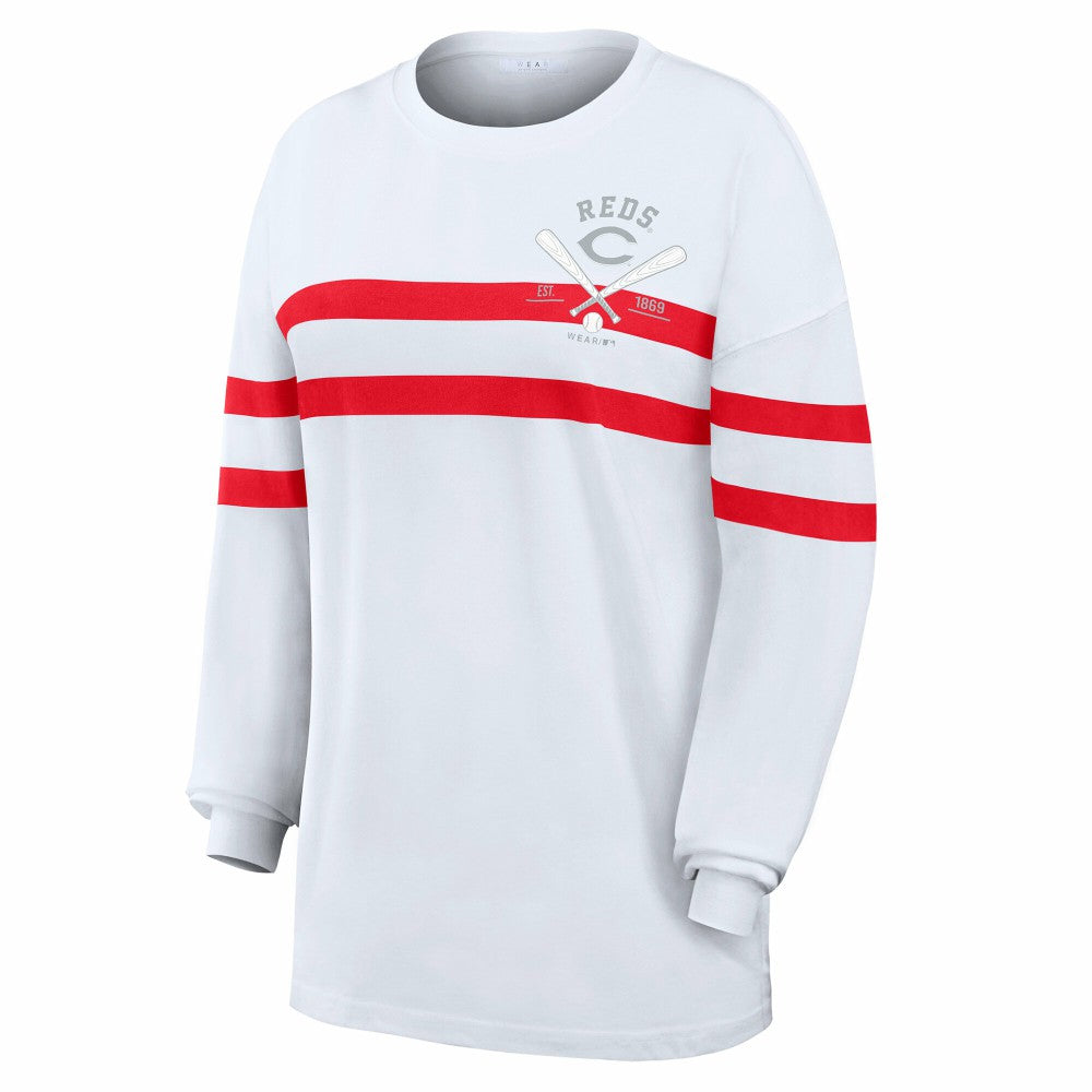 Cincinnati Reds WEAR by Erin Andrews Women's Oversized Long Sleeve Striped T-Shirt Clearance