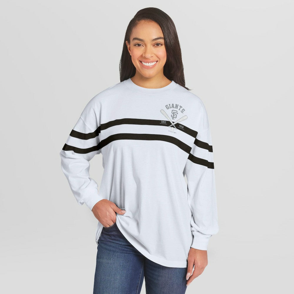 San Francisco Giants WEAR by Erin Andrews Women's Oversized Long Sleeve Striped T-Shirt discount