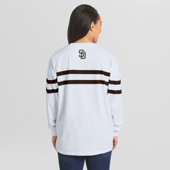 San Diego Padres WEAR by Erin Andrews Women's Oversized Long Sleeve Striped T-Shirt Lifestyle