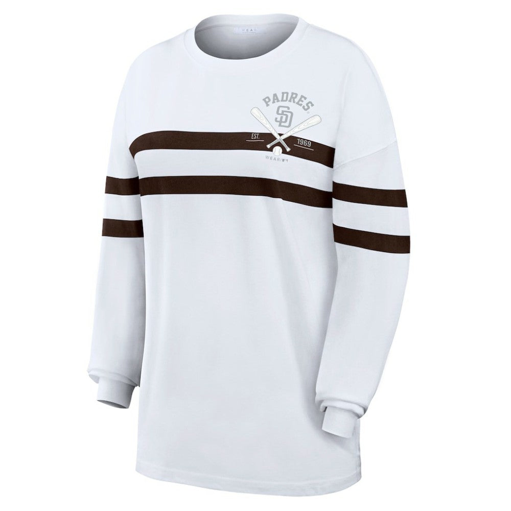 San Diego Padres WEAR by Erin Andrews Women's Oversized Long Sleeve Striped T-Shirt Lifestyle