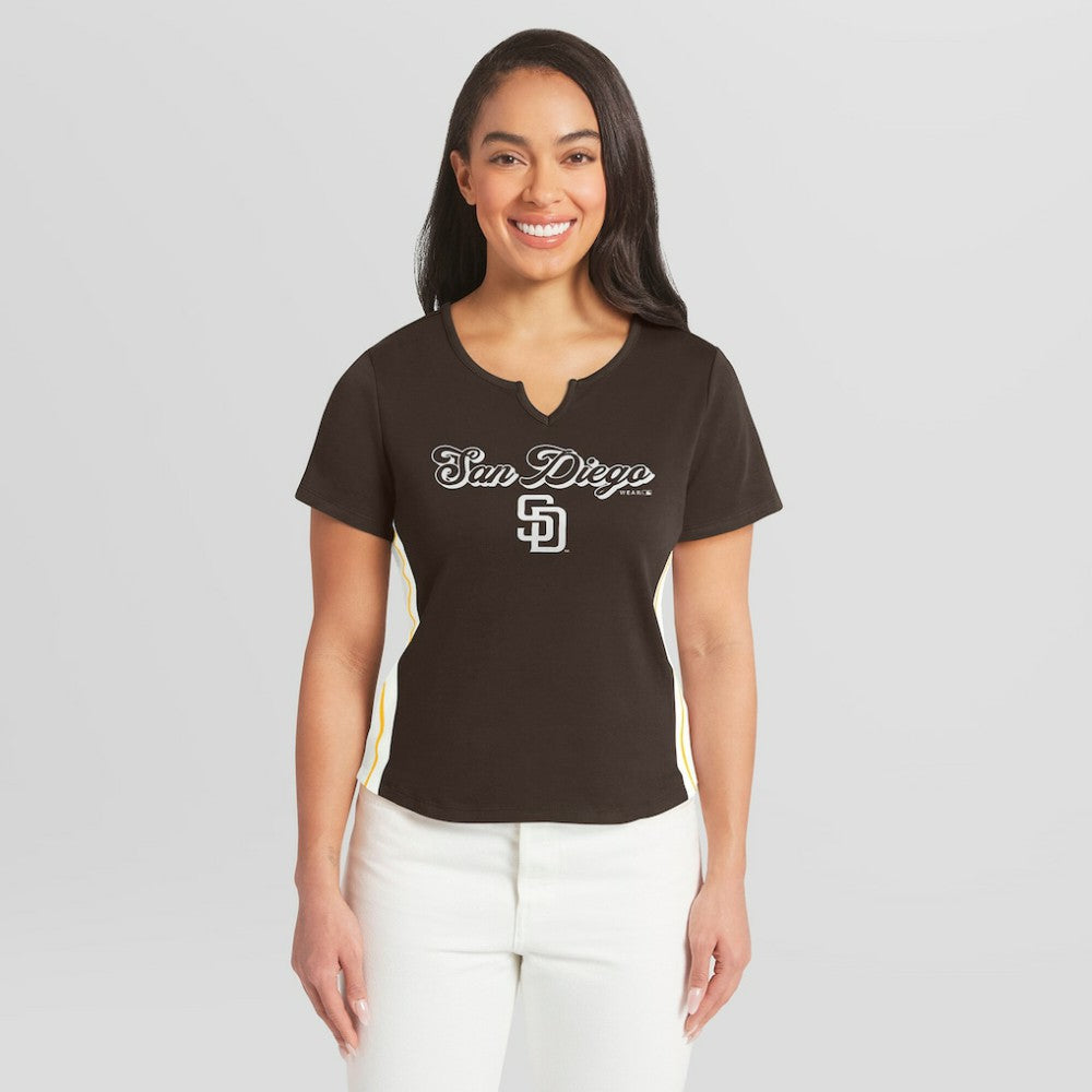San Diego Padres WEAR by Erin Andrews Women's Notch Neck Cropped T-Shirt Clearance