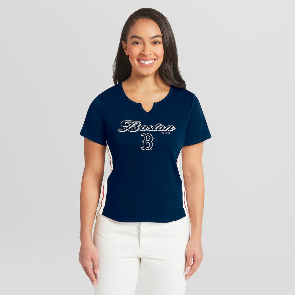 Boston Red Sox WEAR by Erin Andrews Women's Notch Neck Cropped T-Shirt Clearance