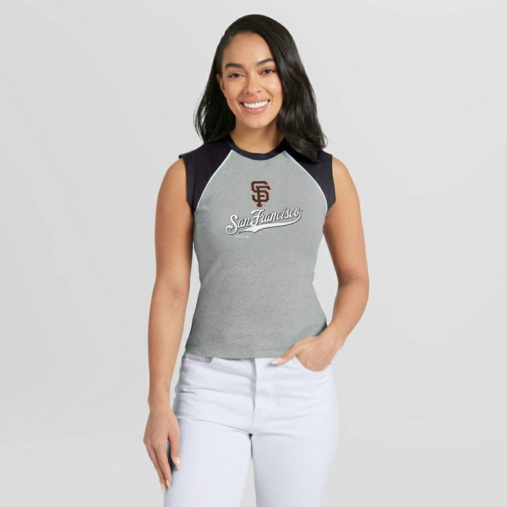 San Francisco Giants WEAR by Erin Andrews Women's Cropped Raglan Tank Top Clearance