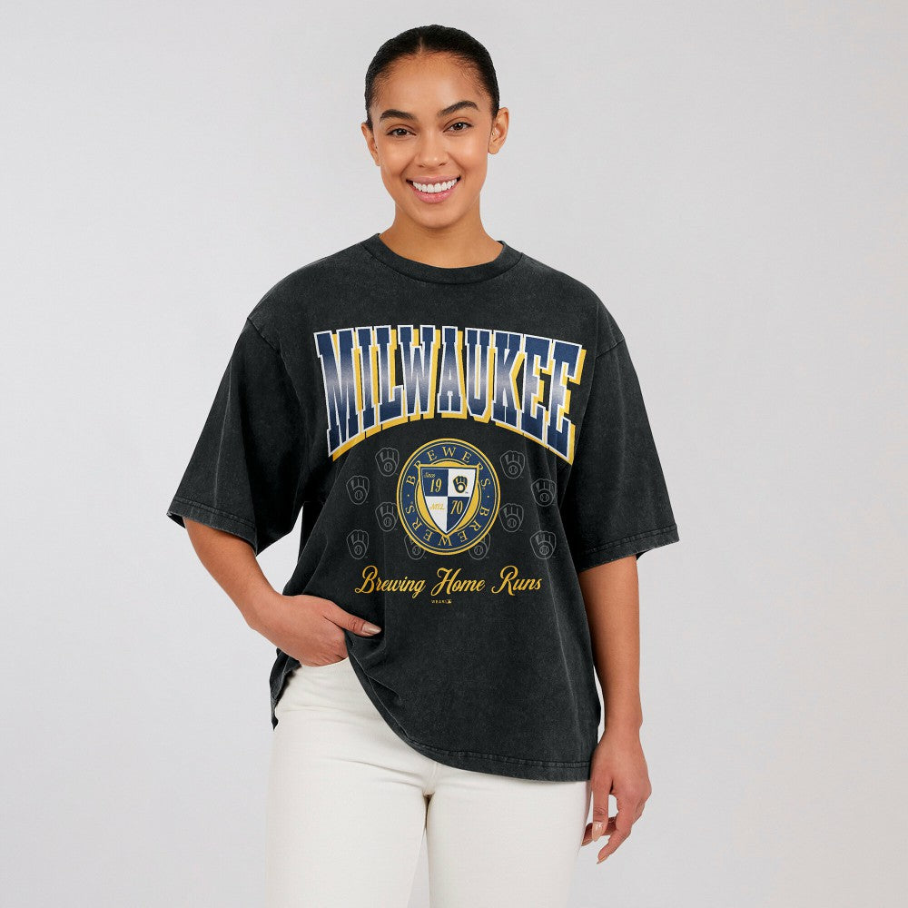 Milwaukee Brewers WEAR by Erin Andrews Women's Oversized Boyfriend T-Shirt On Sale