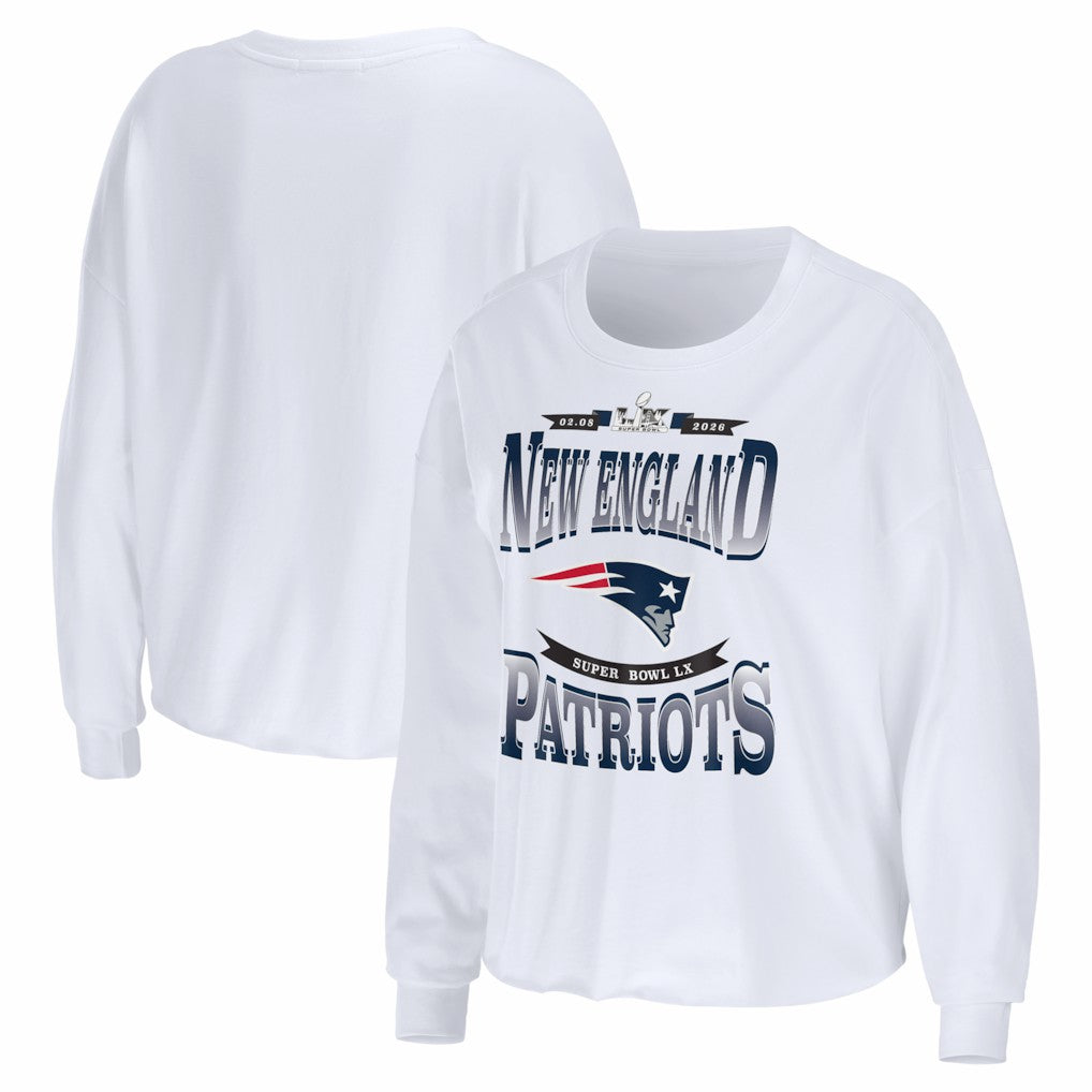 New England Patriots WEAR by Erin Andrews Women's Super Bowl LX Cropped Long Sleeve T-Shirt White - NFL
