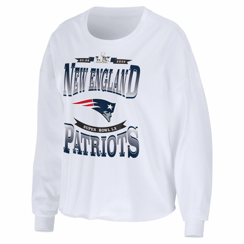 New England Patriots WEAR by Erin Andrews Women's Super Bowl LX Cropped Long Sleeve T-Shirt White - NFL