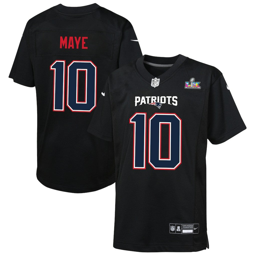 Drake Maye New England Patriots Youth Super Bowl LX Patch Carbon Fashion Game Jersey Black - Nike