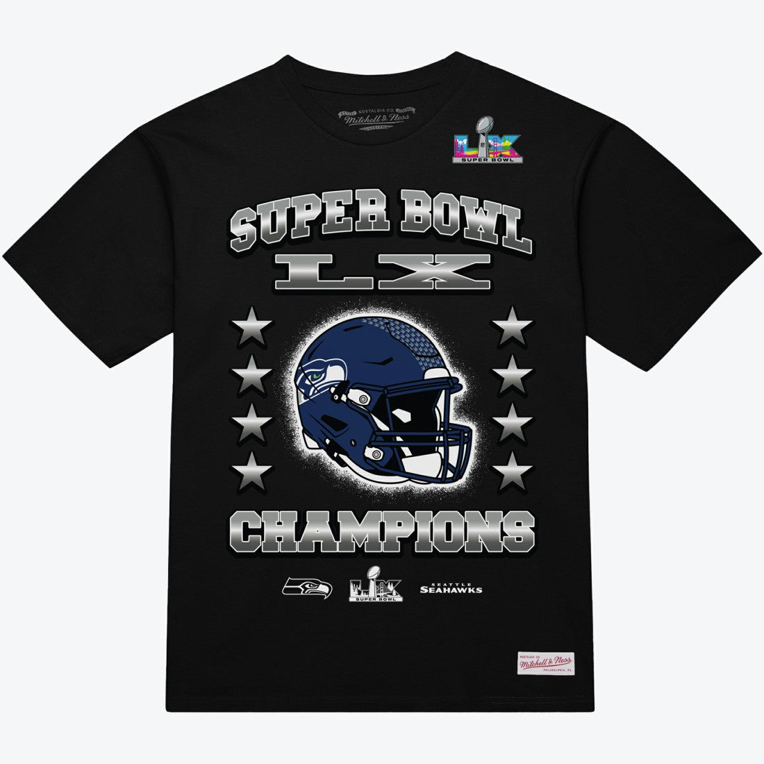 Seattle Seahawks Super Bowl LX Champions Helmet Arch T-Shirt Black - Mitchell & Ness