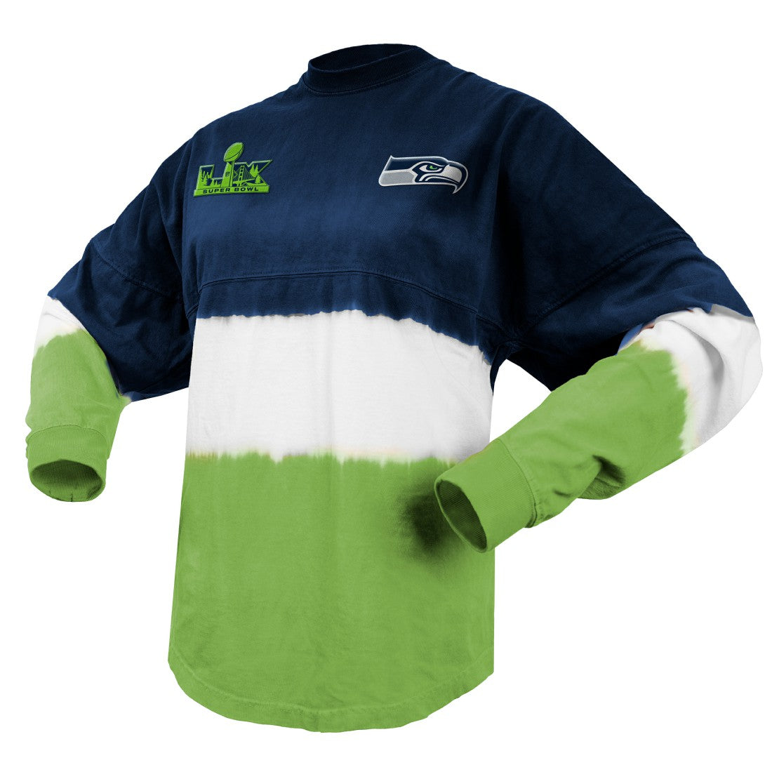 Seattle Seahawks Spirit Jersey Women's Super Bowl LX Champions Horizontal Ombre Long Sleeve T-Shirt College Navy/Neon Green - NFL