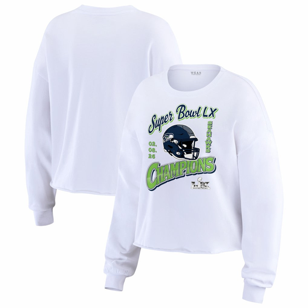 Seattle Seahawks WEAR by Erin Andrews Women's Super Bowl LX Champions Cropped Long Sleeve T-Shirt White - NFL